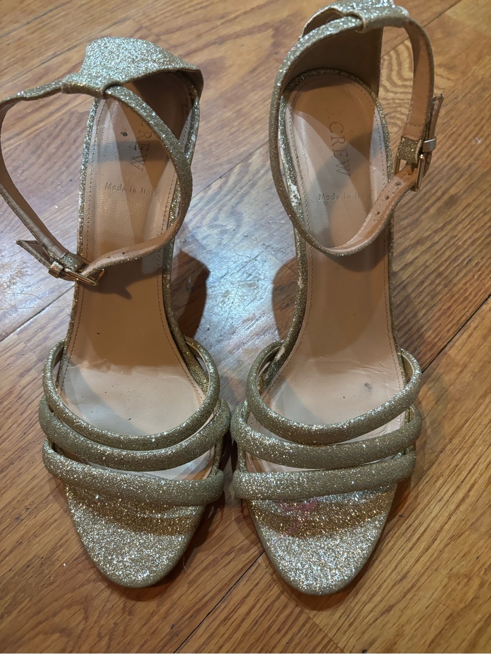 J Crew Gold Glitter Strappy Ankle Strap Heels -